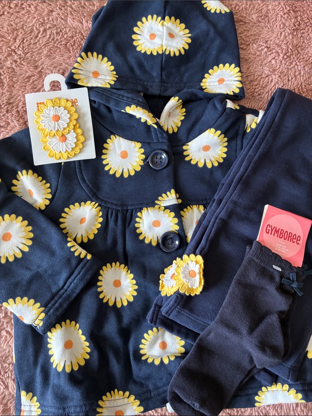 Gymboree Daisy Days Set. Hooded Jacket, Fleece Pants, Socks, Hair Clips.